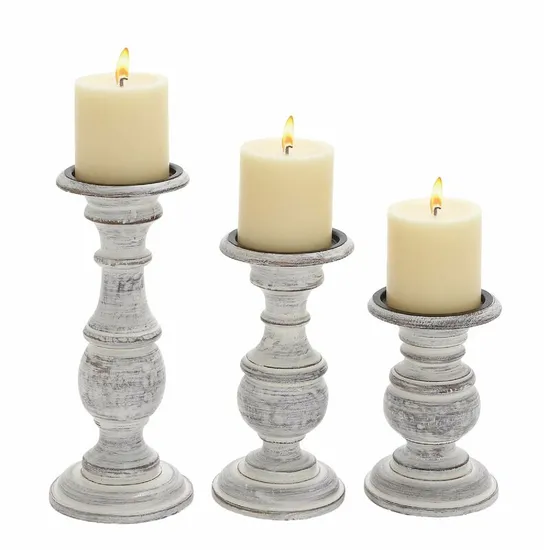 Rustic Distressed Vintage Style White Wash Stockbridge Wooden Candle Holders