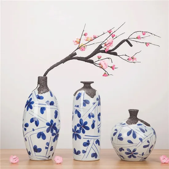 Zhiya Vase Creative Hand-Painted Blue and White Vase Decoration Ceramic Art Three-Piece Flower Arrangement Furniture and Furniture Matching