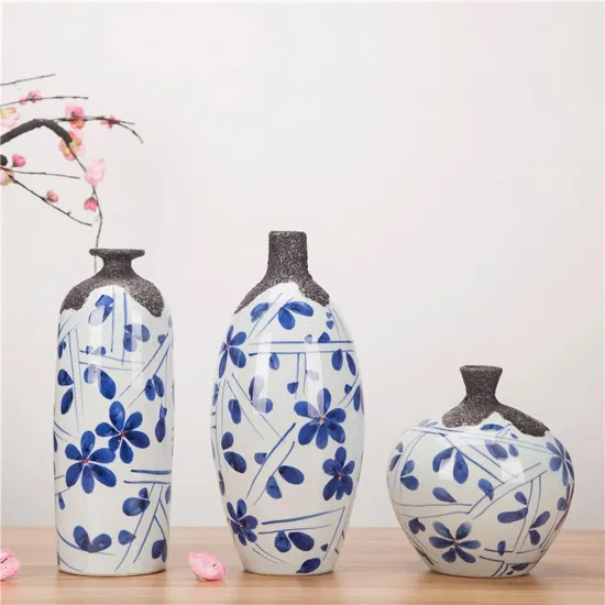 Zhiya Vase Creative Hand-Painted Blue and White Vase Decoration Ceramic Art Three-Piece Flower Arrangement Furniture and Furniture Matching