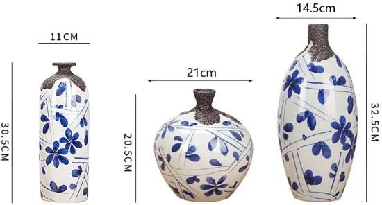 Zhiya Vase Creative Hand-Painted Blue and White Vase Decoration Ceramic Art Three-Piece Flower Arrangement Furniture and Furniture Matching