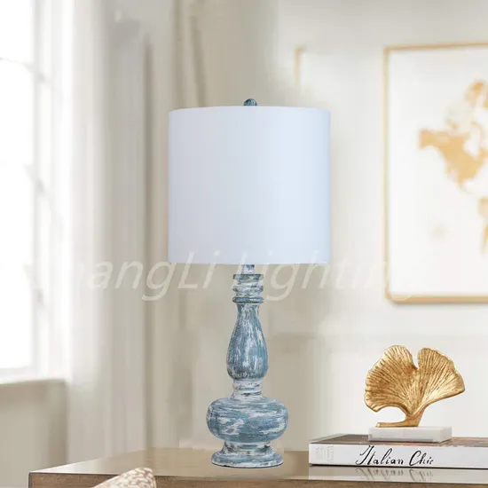 American Retro Wood Table Lamp Antique and Old Resin Light Blue Bedroom Bedside Lamp Living Room Decoration Lamp Study