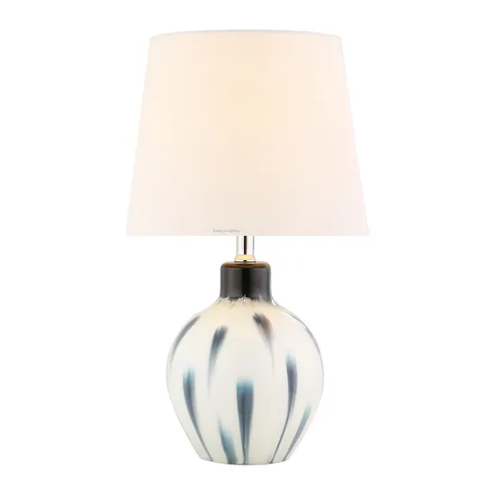 Contemporary White and Blue Pattern Glass Body with Minimalist White Texture Fabric Shade Table Lamp for Home Decor