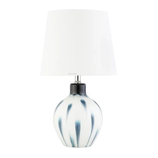 Contemporary White and Blue Pattern Glass Body with Minimalist White Texture Fabric Shade Table Lamp for Home Decor