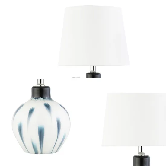 Contemporary White and Blue Pattern Glass Body with Minimalist White Texture Fabric Shade Table Lamp for Home Decor