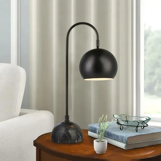 Simple Modern Table Lamp with Black Dome Metal Shade and Round Marble Base Indoor Light