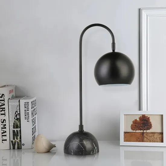 Simple Modern Table Lamp with Black Dome Metal Shade and Round Marble Base Indoor Light