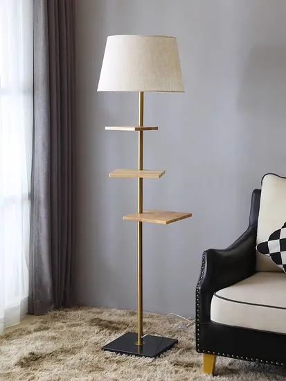 Shelf Wood Custom Floor Lamp with Fabric Shade for Indoor Decoration