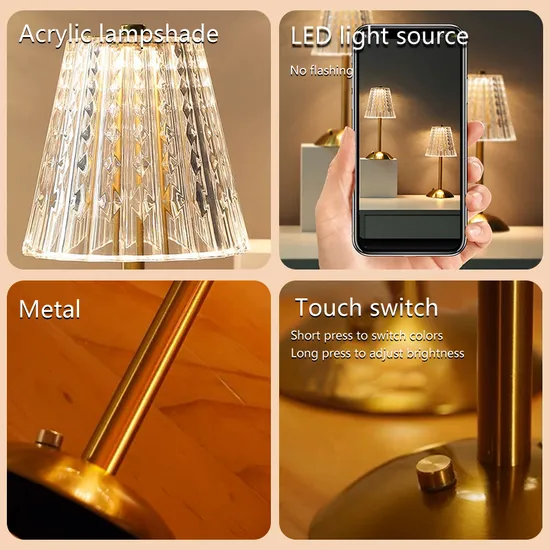 Battery Operated Hotel Dining Restaurant Decorative Bed Side Modern Touch Crystal Lamp Table Sensor LED Bar