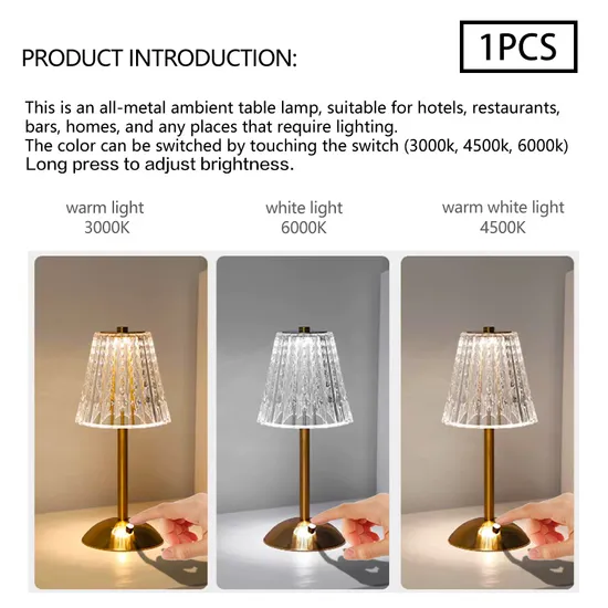 Modern New Arrival Diamond Light Golden Wireless Touch Control White Crystal Multi-Function Portable Luxury Hotel LED Table Desk Lamps with USB Charging Port