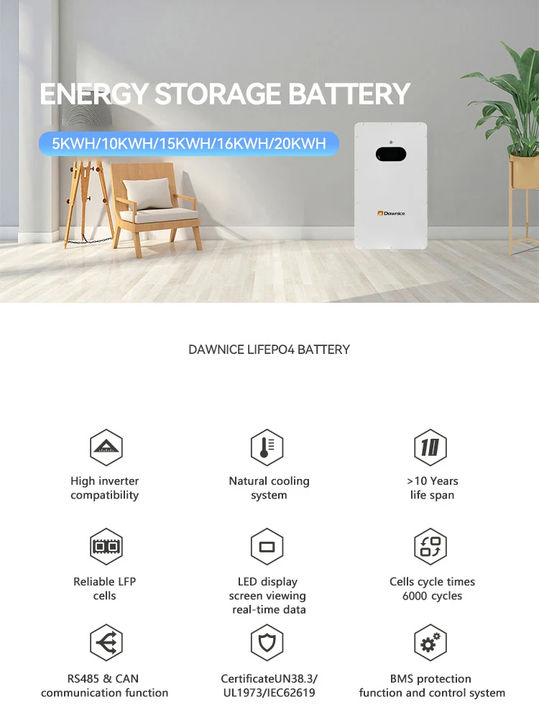 16KWH Wall Mount Lithium Battery IP54 Power Wall Premium Quality Dawnice 314ah 5kW 10kW 15kW 20kWh Home Energy Storage System