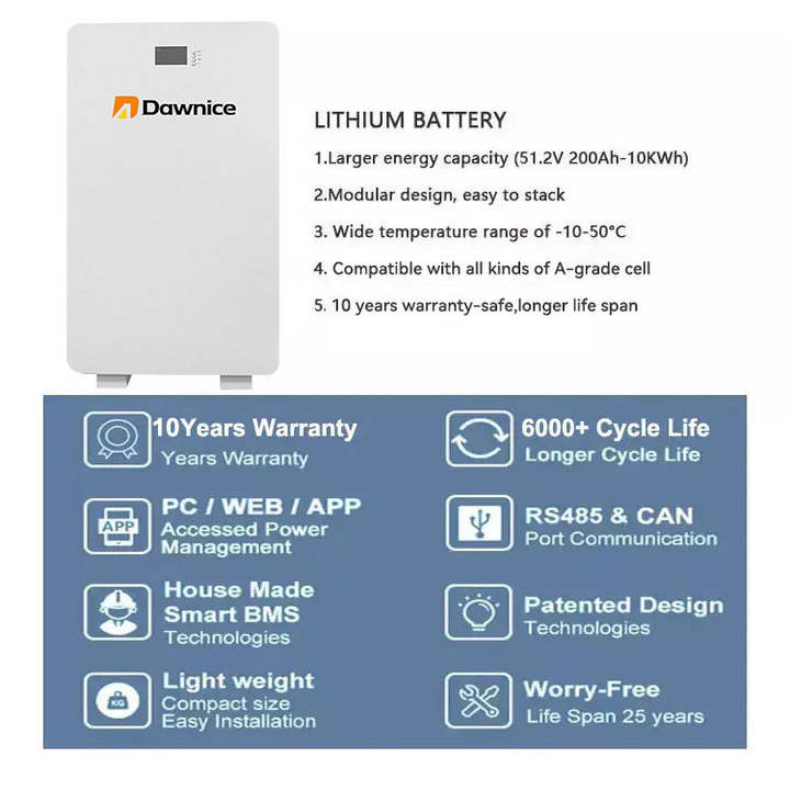 Best Selling 10 Years Warranty Power Solar Wall Battery 200Ah 10kWh 15kWh 48V 52.1V Lifepo4 Energy Storage At Home Efficient Manufacturing Outlet