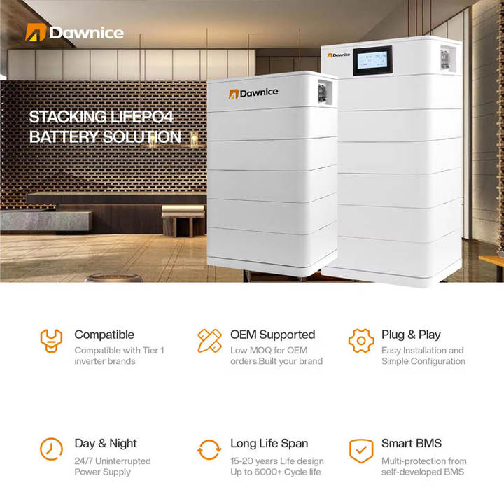 Dawnice 10Kwh 20Kwh Stackable Home Energy System 51.2V 200AH Solar Lithium Battery Pack 48V LiFePO4 Battery