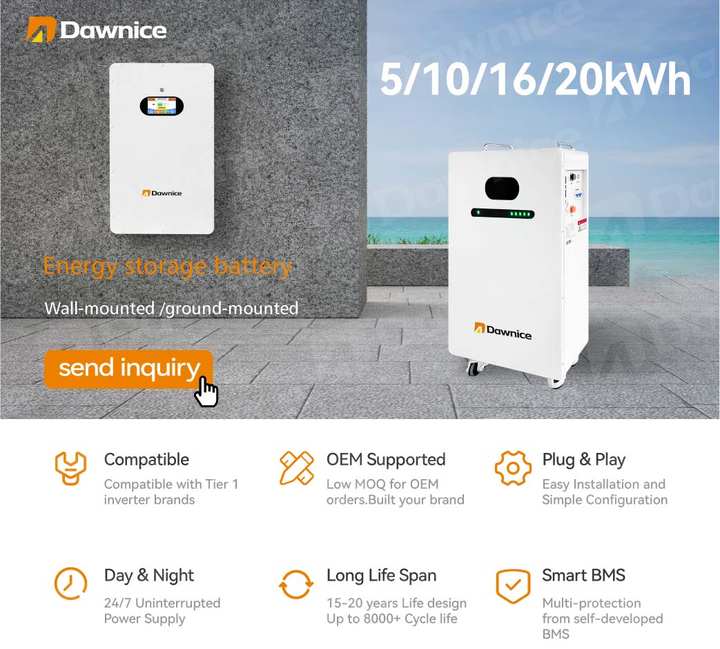 Dawnice 10kwh 15kwh 20kwh Batteries 51.2v 200ah Wall Mounted Home storage batteries for power outages