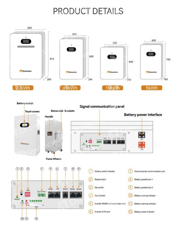 Dawnice 10kwh 15kwh 20kwh Batteries 51.2v 200ah Wall Mounted Home storage batteries for power outages