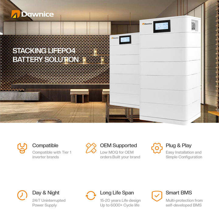 Dawnice 10kwh Powerwall Rechargeable Lifepo4 Battery 51.2V 200Ah 50kw Stacked Lithium Ion Batteries For Solar Energy Storage