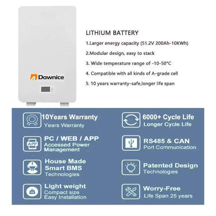 Dawnice 2.5kwh energy storage system lifepo4 battery wall mount solar batteries  10 Years Warranty