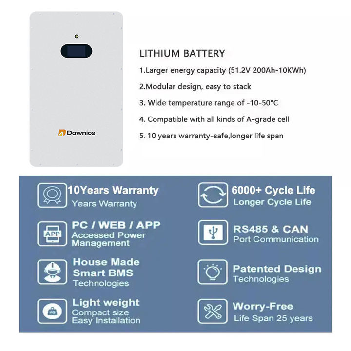 Dawnice 48v Waterproof ip54 Lifepo4 Power Wall Mounted Home 5 kwh 10 kwh 15 kwh lithium ion Energy Storage battery 48v 200ah Large Volume Factory