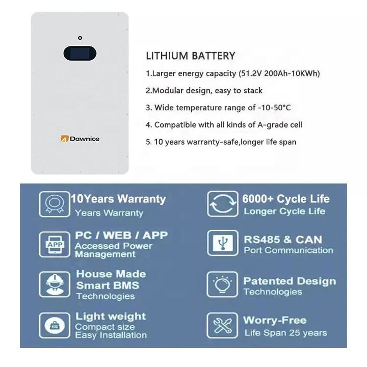 Dawnice 5 years warranty 48v 24V wall mounted lithium ion battery 300ah 100ah 200ah for solar system with BMS