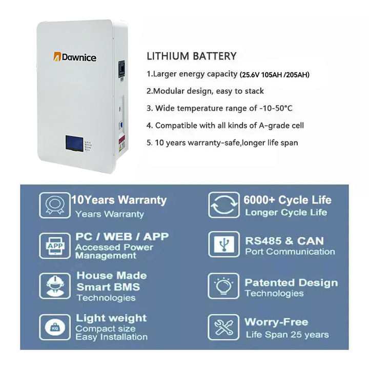 Dawnice 5kw 10kw battery 24v 48v solar energy 50ah 100ah 200ah 205ah lithium wall battery lifepo4 pack 24 volt power wall Affordable Wholesale Services