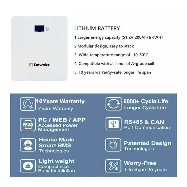 Dawnice 5kwh 8kwh Lifepo4 Battery 24V 200Ah 300ah Rechargeable Battery Solar System Lithium Power Wall Energy Storage Battery