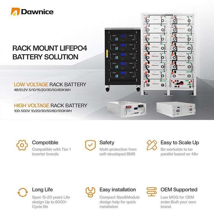 Dawnice 8000 Cycles 5kw 5kwh 15kwh 20kw 30 kw100ah 280ah 300ah 48v 96v Server Rack Pack Lifepo4 Solar Battery System