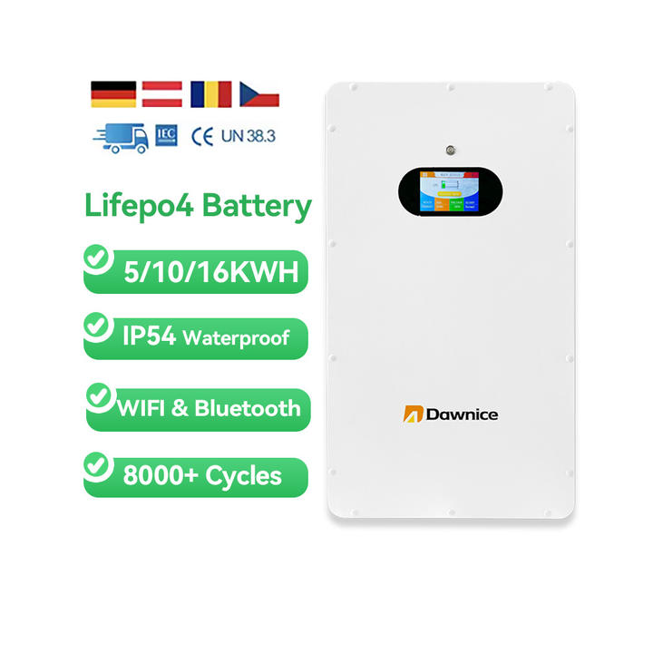 Dawnice Deep Cycle New Energy US Stock LiFePo4 Battery 5kw 10kW 15kw 51.2v 200Ah 300Ah Bluetooth IP54 Home Wall Mounted Battery China Exporter B2B