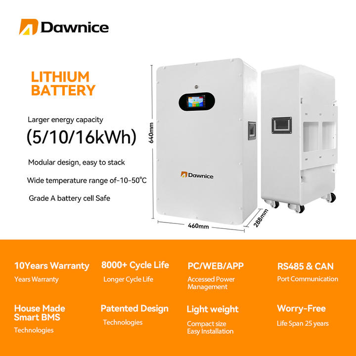 Dawnice Deep Cycle New Energy US Stock LiFePo4 Battery 5kw 10kW 15kw 51.2v 200Ah 300Ah Bluetooth IP54 Home Wall Mounted Battery China Exporter B2B