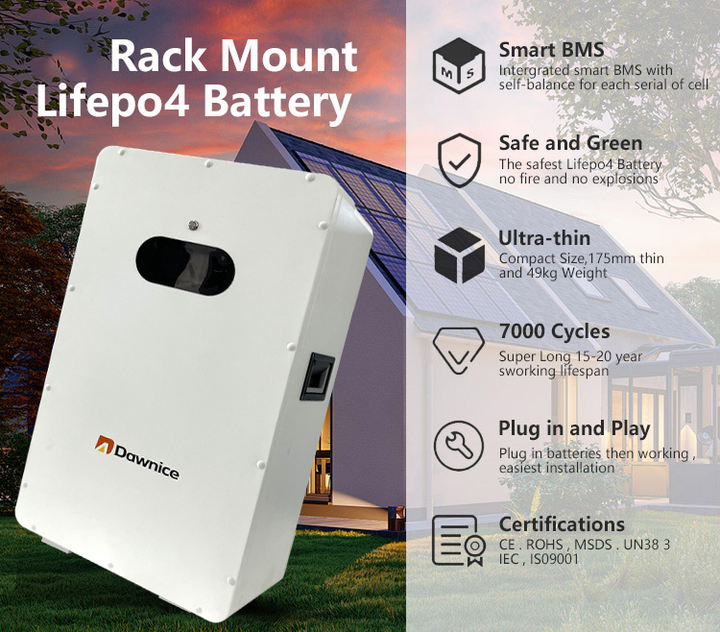 Dawnice Home Solar Energy Storage 100Ah 200Ah Wall Mounted Lifepo4 5120Wh 48 Volt Solar Battery Lithium With BMS Direct Factory Wholesale
