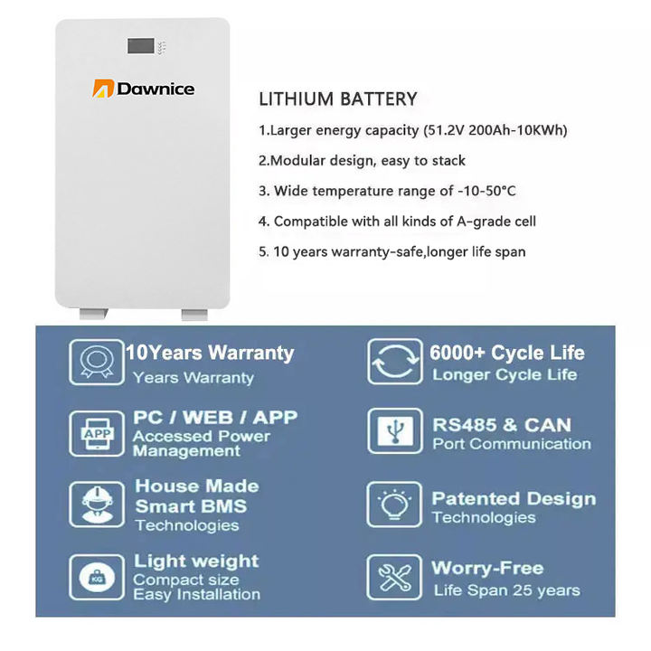 Deep Cycle Life Wall Mounted 48V Lifepo4 200Ah 10Kwh Battery Pack 100Ah on commercial use Factory Outlet