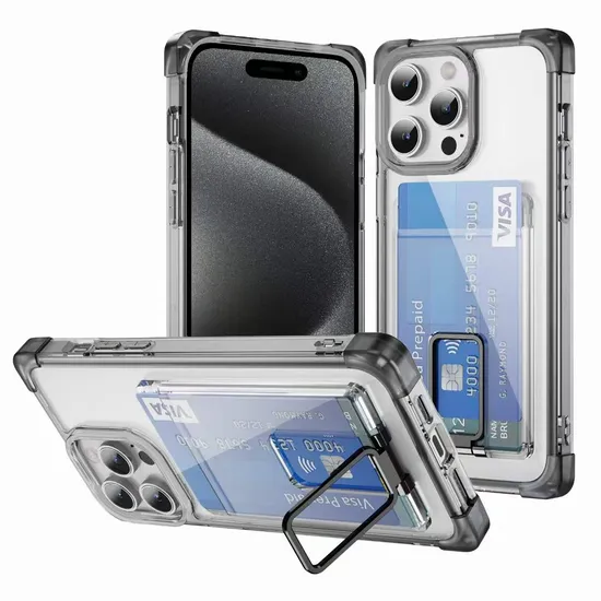 15 PRO Max Transparent Card Wallet Phone Case with Card Slot Holder Stand Mobile Phone Cover for iPhone 15 14 13