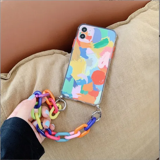 Colorful Chain Phone Case Girly Fashion Graffiti Oil Painting Anti-Drop