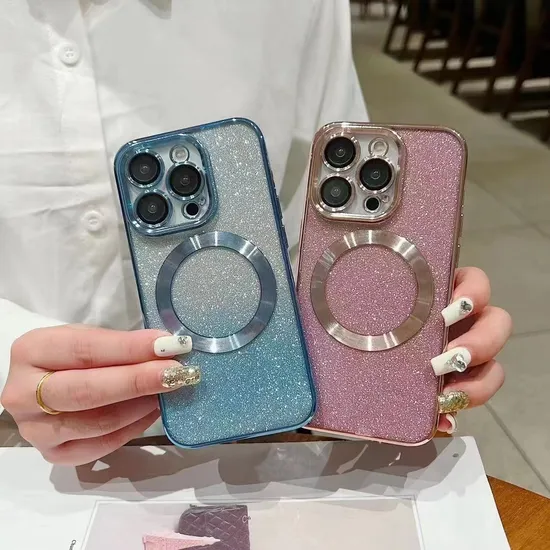 Luxury Electroplating CD Pattern Magnetic Glitter Mobile Phone Case for iPhone 15 PRO Max 13 12 with Camera Protector Bling