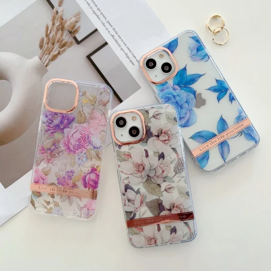 Luxury Electroplating Flower Mobile Phone Cover Hard PC Lens Protector Phone Case for iPhone 14 PRO Max Case Leaves IMD Designed