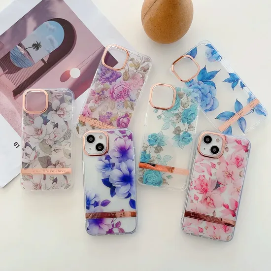 Luxury Electroplating Flower Mobile Phone Cover Hard PC Lens Protector Phone Case for iPhone 14 PRO Max Case Leaves IMD Designed