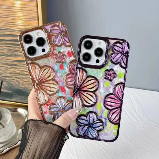 Luxury Oil Paniting Flowers Mobile Phone Case Blu-Ray Colorful Printing Cell Phone Cover for iPhone 13 14 15 PRO Max