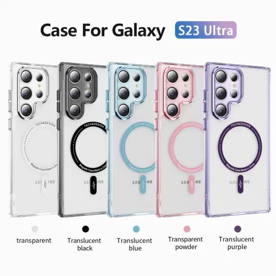 Metal Buttons Magnetic Cell Phone Case with Color Magsaf Ring Transparent Hard PC Glass Lens Protector for Samsung S23 Ultra