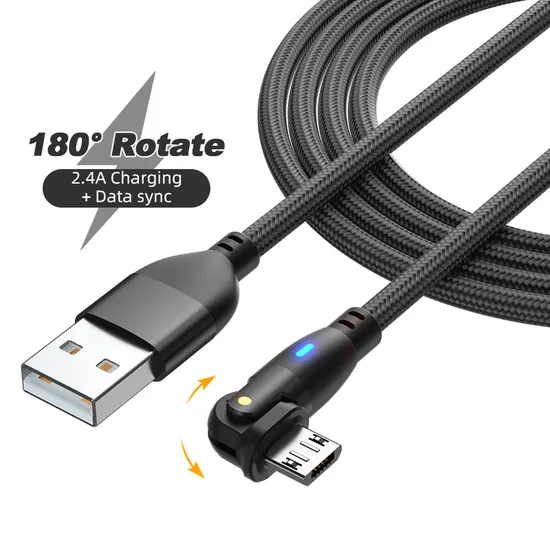 180 Degree Rotation Micro Quick Charging Cable Data Line with LED Indicator for Android Phone