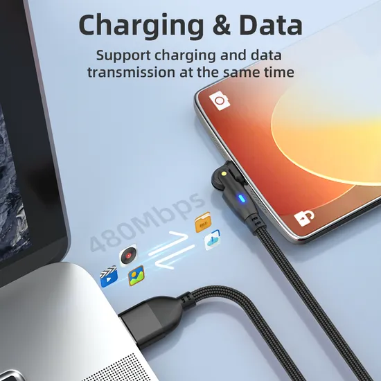 180 Degree Rotation Micro Quick Charging Cable Data Line with LED Indicator for Android Phone