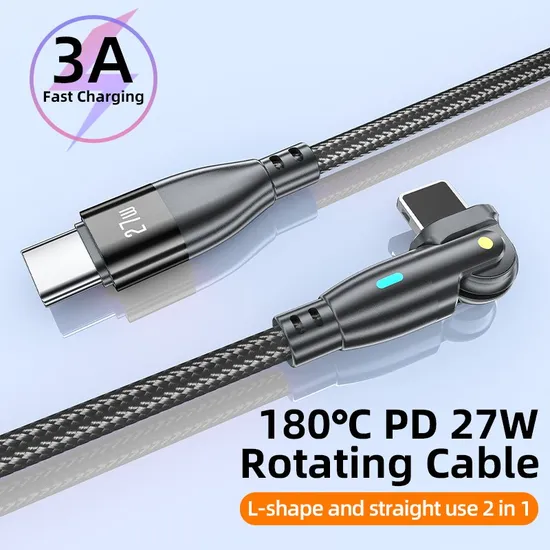 180 Degrees Free Rotation Quick Charging Data Cable Type-C to Lightning Wire in Pd 27W