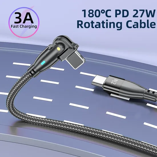 180 Degrees Free Rotation Quick Charging Data Cable Type-C to Lightning Wire in Pd 27W