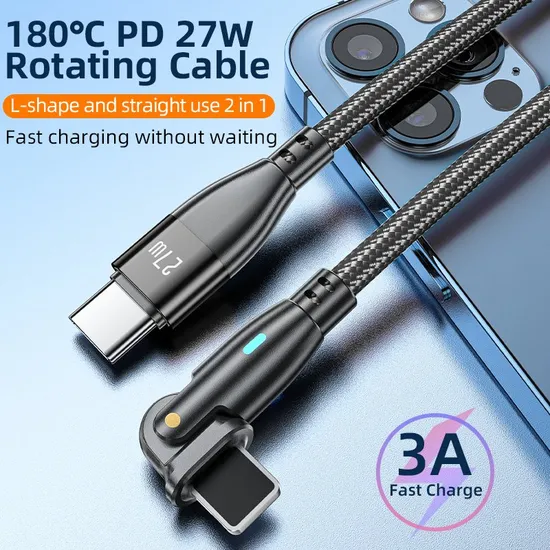 180 Degrees Free Rotation Quick Charging Data Cable Type-C to Lightning Wire in Pd 27W