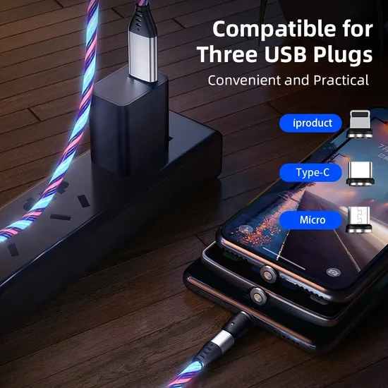 3 in 1 Multifunctional Upgraded 540 Degrees Rotating Luminous Magnetic Suction Fast Charging with Micro/Lightning/Type-C Interface Light Cable