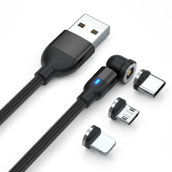 540 Degrees Rotating Magnetic Suction Charging Cable USB Light 3 in 1 Charging Cable with Micro/Lightning/Type-C Interface