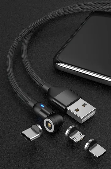 540 Degrees Rotating Magnetic Suction Charging Cable USB Light 3 in 1 Charging Cable with Micro/Lightning/Type-C Interface