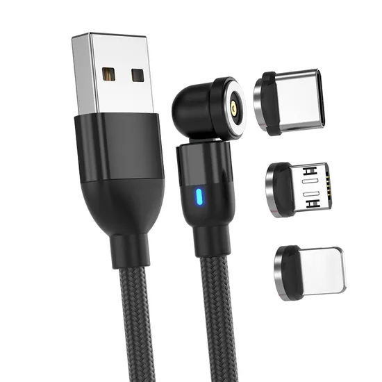 540 Degrees Rotating Magnetic Suction Charging Cable USB Light 3 in 1 Charging Cable with Micro/Lightning/Type-C Interface