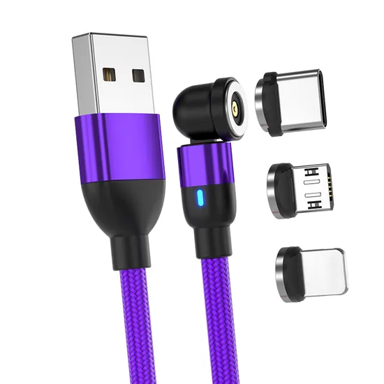 540 Degrees Rotating Magnetic Suction Charging Cable USB Light 3 in 1 Charging Cable with Micro/Lightning/Type-C Interface