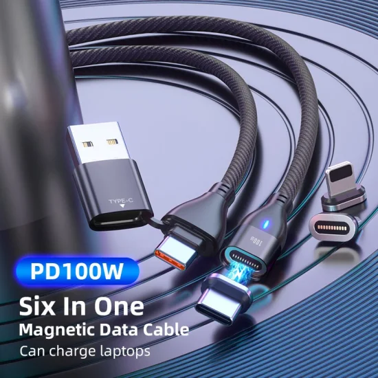 Magnetic Data Cable 11 Pin Pd 100W Fast Charging Cable Multifunctional 6 in 1 USB for Micro/Type-C/Lightning Charging Cable