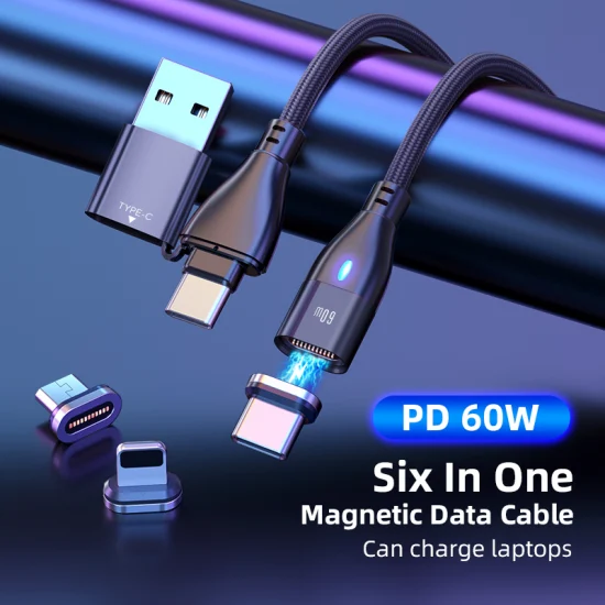 Magnetic Data Cable Pd 60W Fast Charging Cable LED Light Multifunctional 6 in 1 USB for Micro/Type-C/Lightning