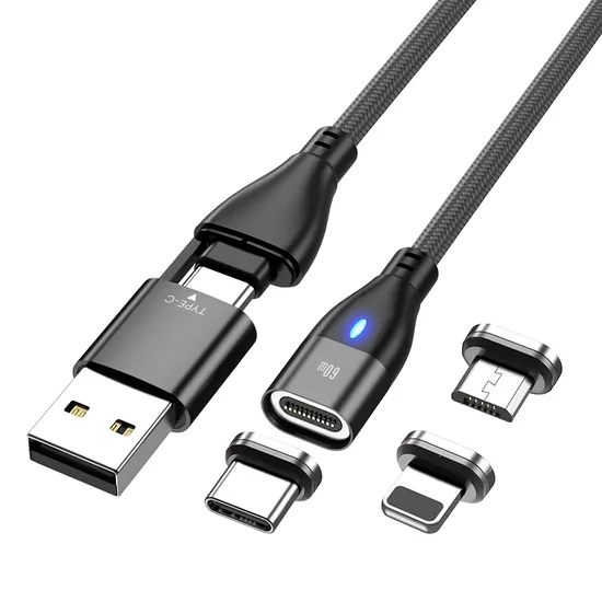 Magnetic Data Cable Pd 60W Fast Charging Cable LED Light Multifunctional 6 in 1 USB for Micro/Type-C/Lightning