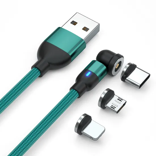 Magnetic Suction Charging Cable 540 Degrees Rotation Multifunctional 3 in 1 USB with Micro/Lightning/Type-C Interface Light Cable